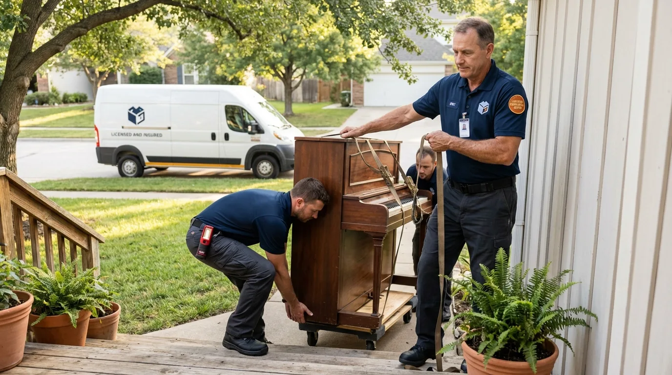 Licensed piano movers securing grand piano in Newland, NC