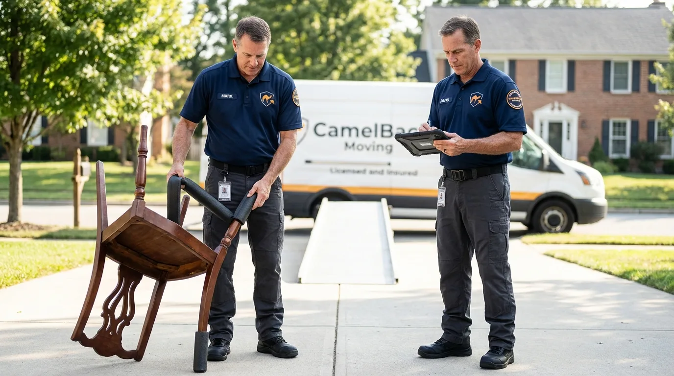 Movers inspecting furniture for damage prevention before loading in Newland, NC