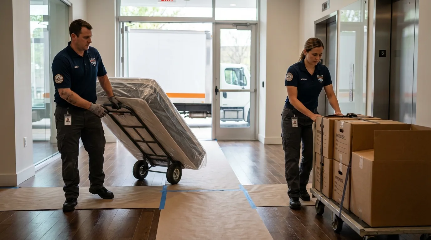 Professional apartment movers loading elevator in Newland, NC