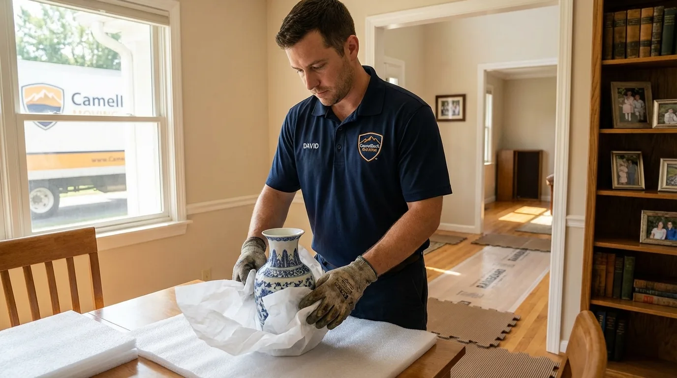 Professional crew carefully wrapping antique vase for senior downsizing move in Newland, NC