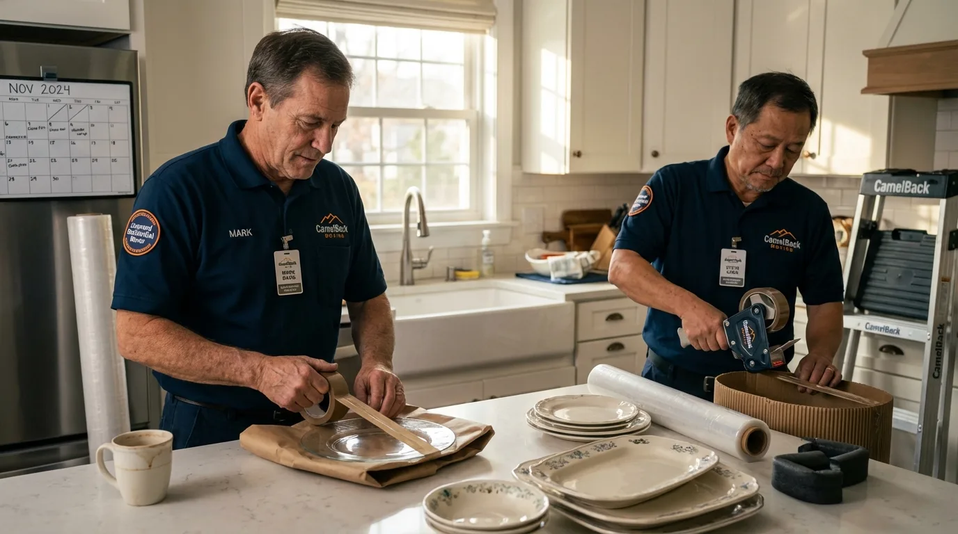 Professional crew packing kitchen dishware in Newland, NC